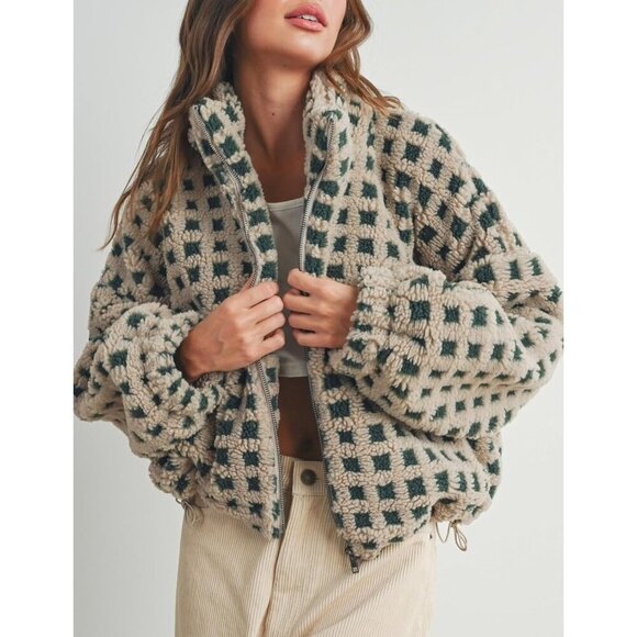 Women  green Cropped Sherpa Fleece Plaid Jacket Chunky Outerwear - Picture 2 of 7